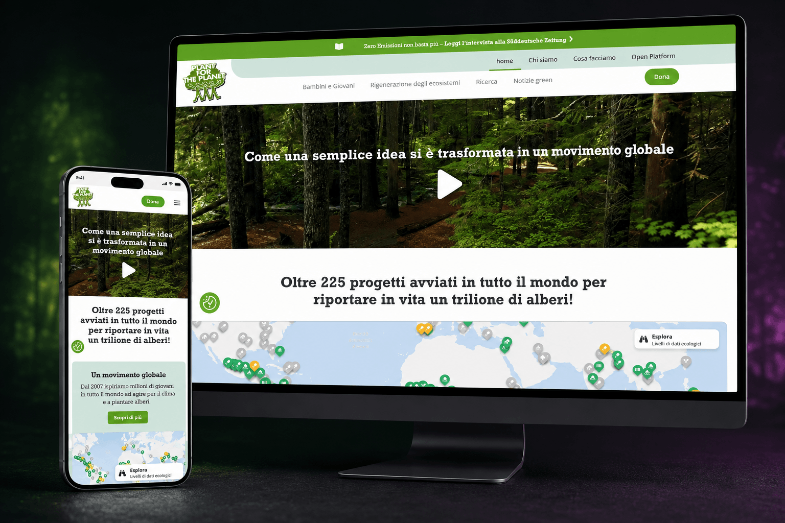 Plant-for-the-Planet Italia – adattamento italiano del sito internazionale, versione desktop e mobile