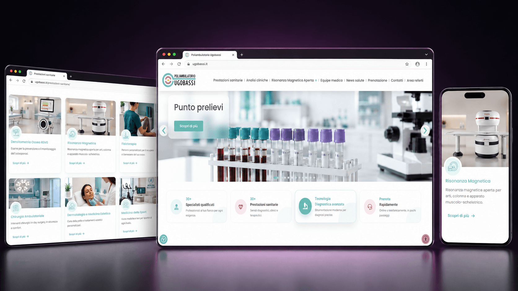 Case study del sito del Poliambulatorio Ugobassi su desktop, pagina servizi e smartphone