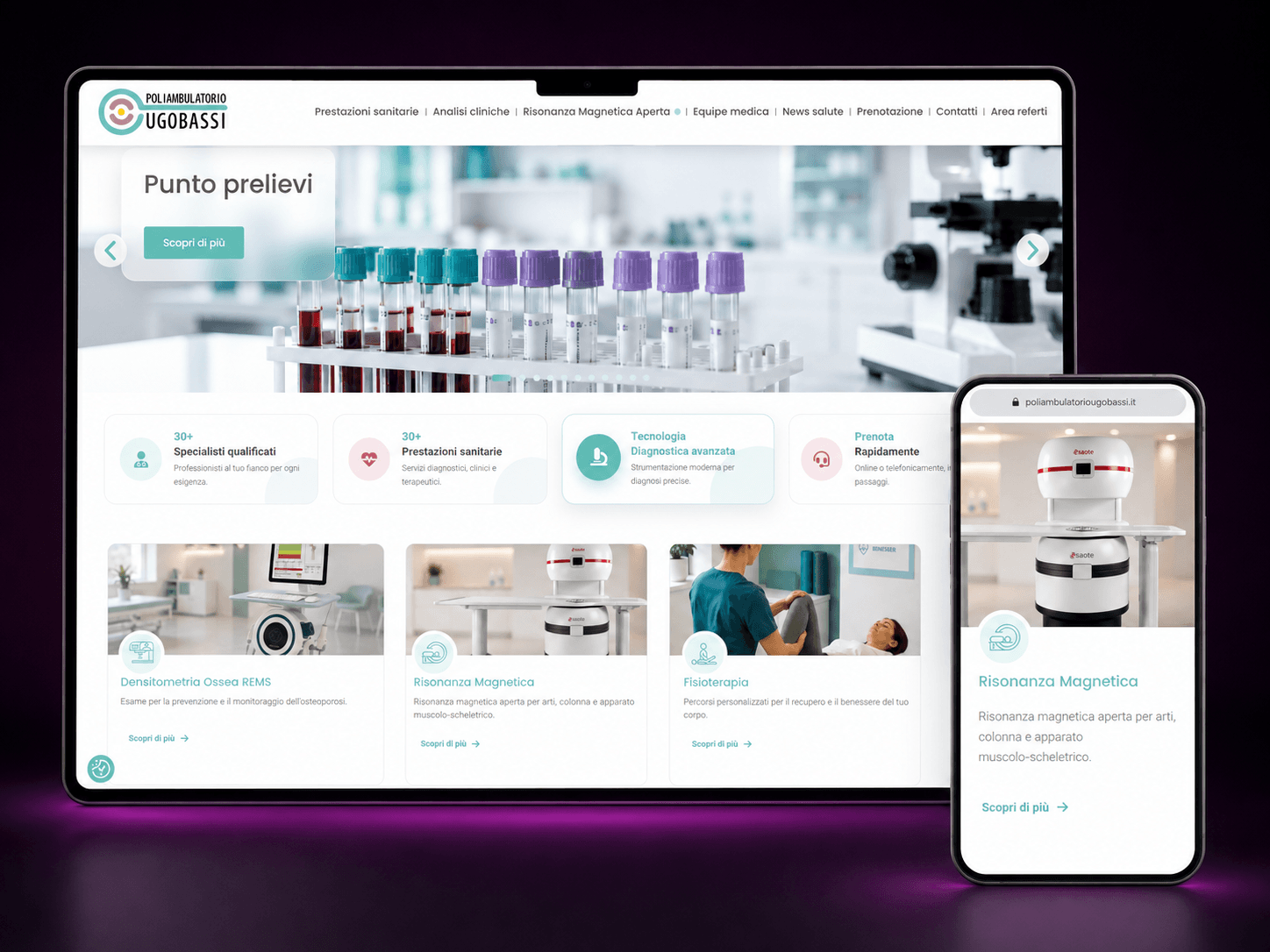 Progetto responsive del sito del Poliambulatorio Ugobassi visualizzato su desktop e smartphone
